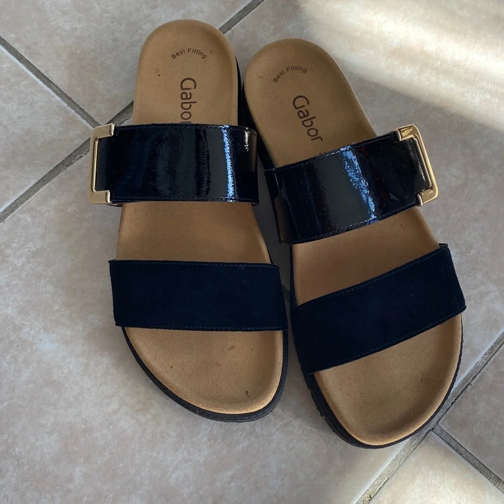 Gabor Black Slide Sandals with Gold Accent - Picture 1 of 2